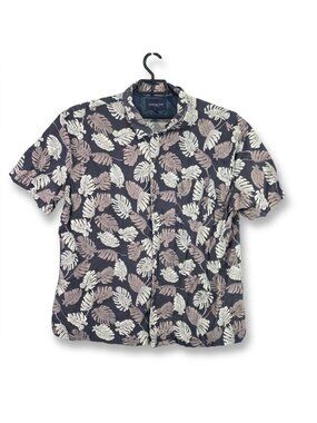 Men's Jachs New York Gray Tropical Leaf Print Short Sleeve Shirt Linen Blend XXL